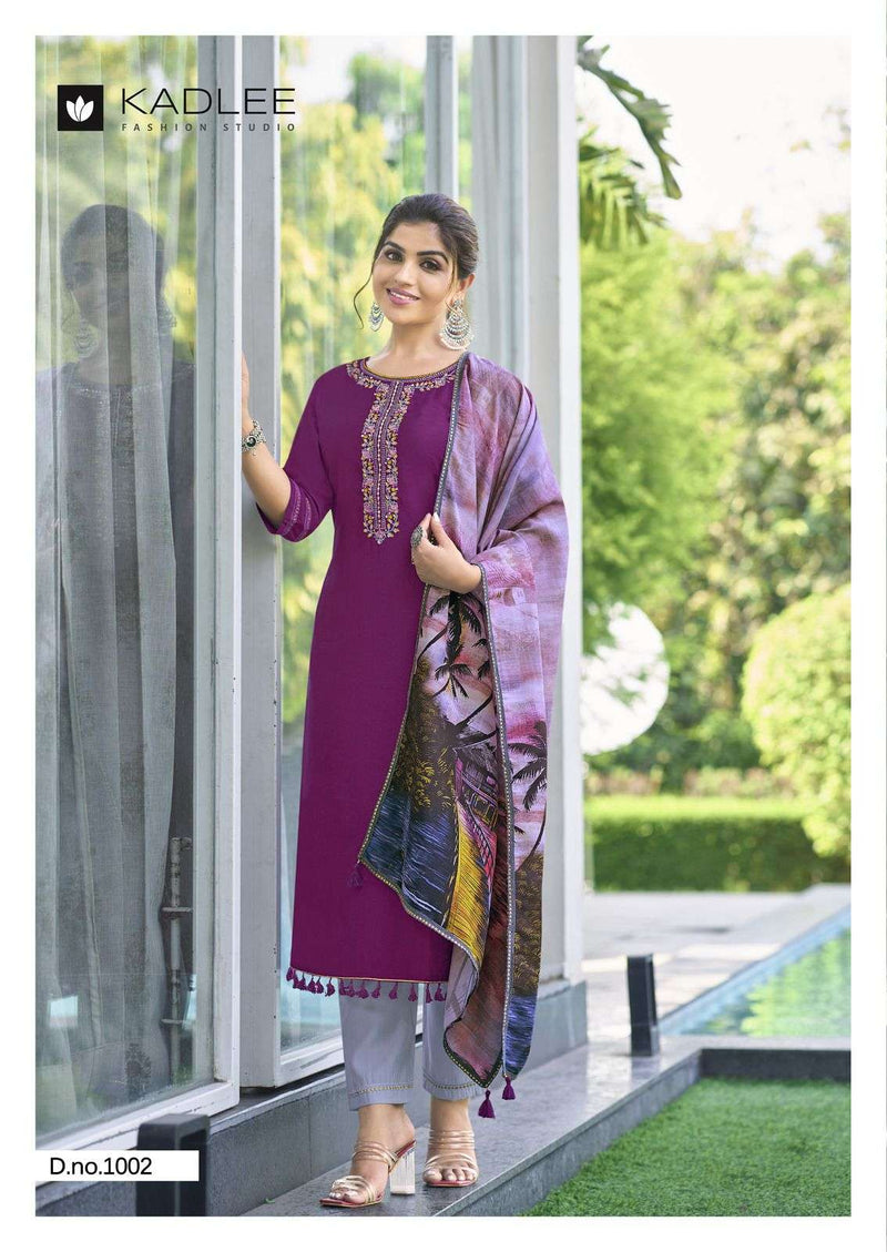 Kadlee Fashion Zarin Viscose Weaving Handwork & Embroidery Fancy Kurti With Pant Dupatta Set