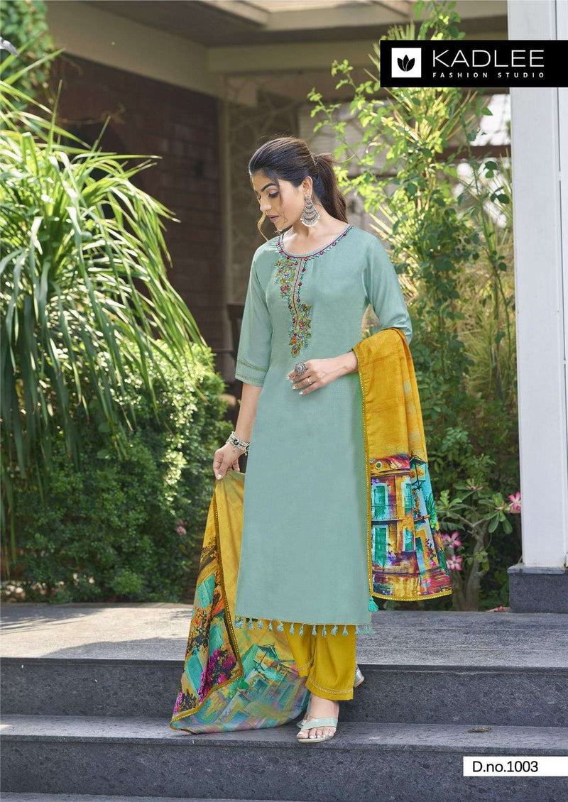 Kadlee Fashion Zarin Viscose Weaving Handwork & Embroidery Fancy Kurti With Pant Dupatta Set