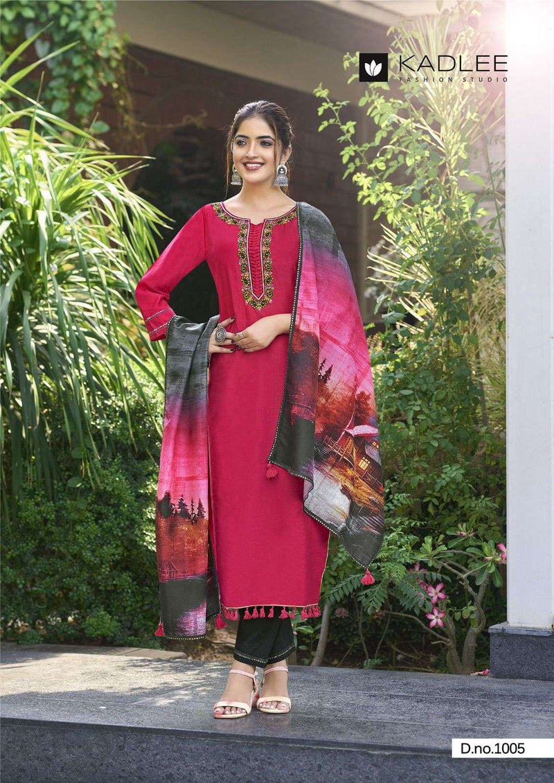 Kadlee Fashion Zarin Viscose Weaving Handwork & Embroidery Fancy Kurti With Pant Dupatta Set