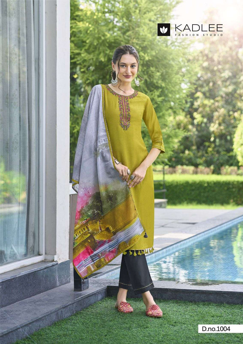 Kadlee Fashion Zarin Viscose Weaving Handwork & Embroidery Fancy Kurti With Pant Dupatta Set