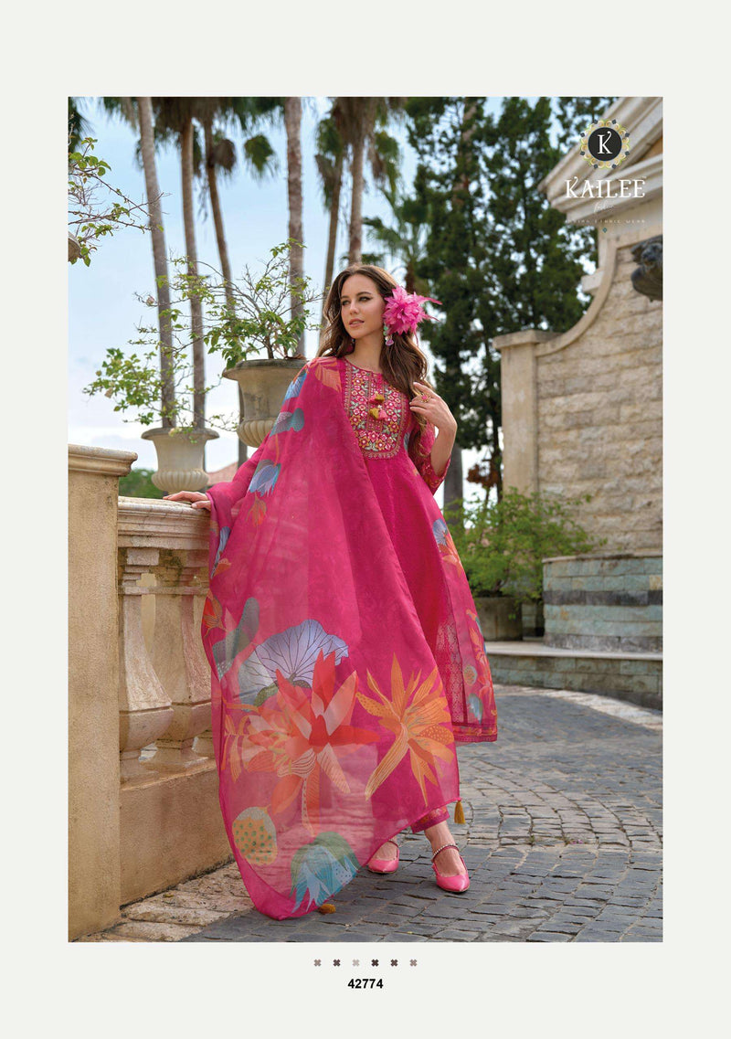 Kailee Fashion Meraki Organza Designer Party Wear Kurti Pant Dupatta Set