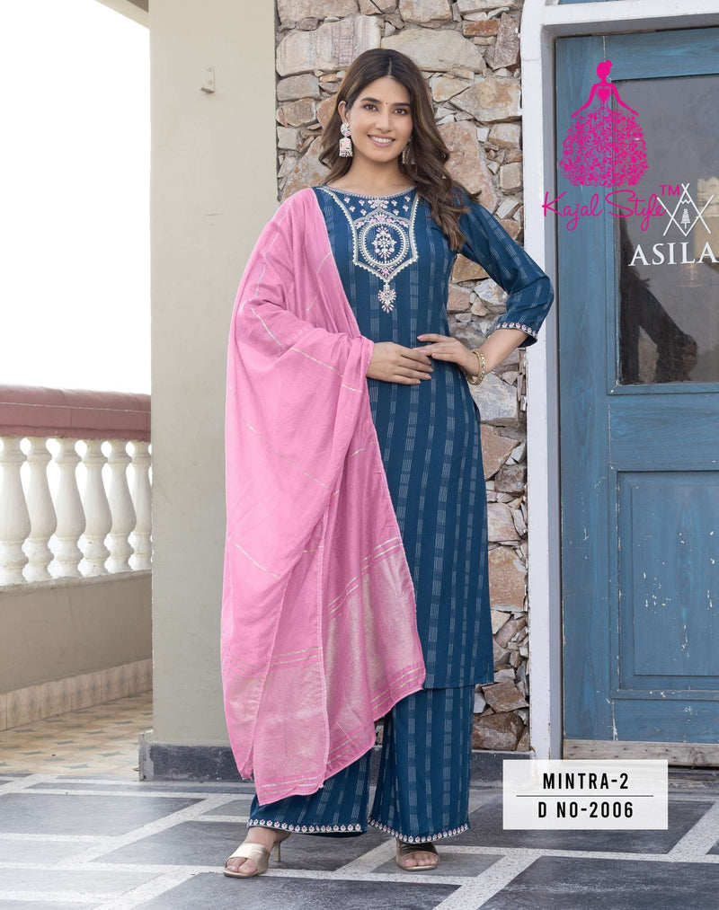 Kajal Style Mintra Vol 2 Rayon Casual Wear Straight Kurti Pant Dupatta Set