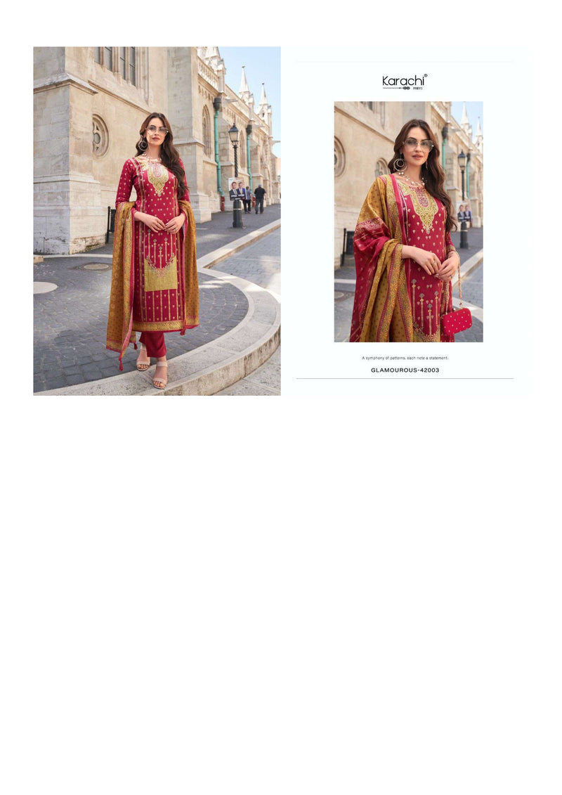 Karachi Prints Glamourous Jam Satin Gold Digitally Printed Salwar Kameez