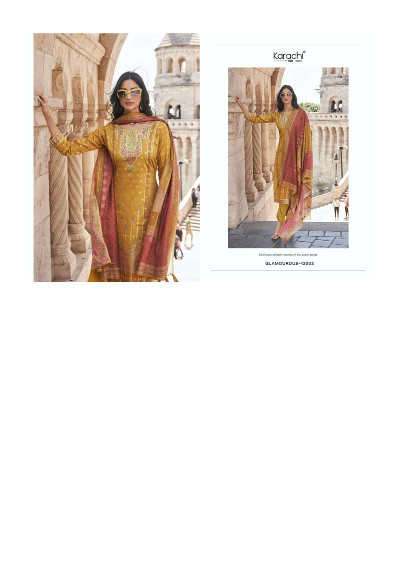 Karachi Prints Glamourous Jam Satin Gold Digitally Printed Salwar Kameez