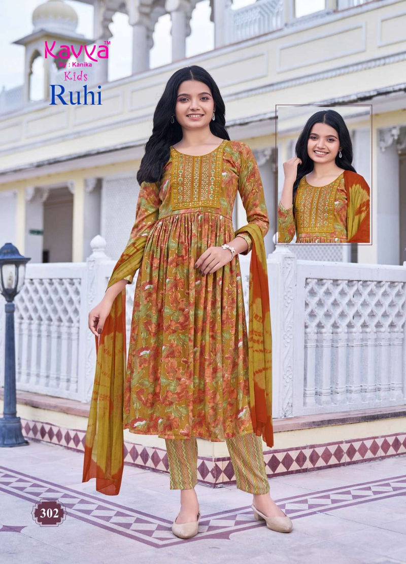 Kavya Ruhi Vol 3 Capsule Foil Print Umbrella Cut Kurti Bottom Nazleen Chiffon Dupatta Set
