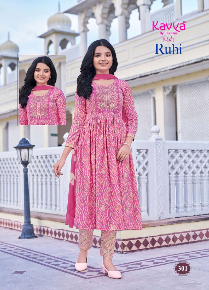 Kavya Ruhi Vol 3 Capsule Foil Print Umbrella Cut Kurti Bottom Nazleen Chiffon Dupatta Set