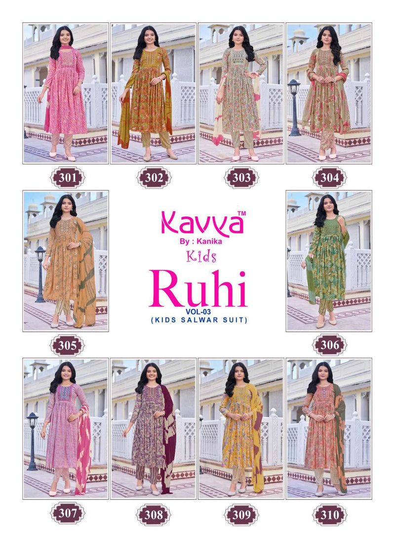 Kavya Ruhi Vol 3 Capsule Foil Print Umbrella Cut Kurti Bottom Nazleen Chiffon Dupatta Set