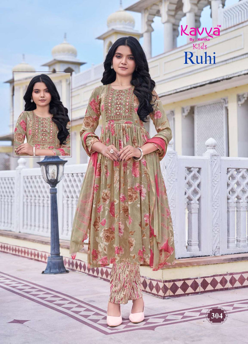 Kavya Ruhi Vol 3 Capsule Foil Print Umbrella Cut Kurti Bottom Nazleen Chiffon Dupatta Set