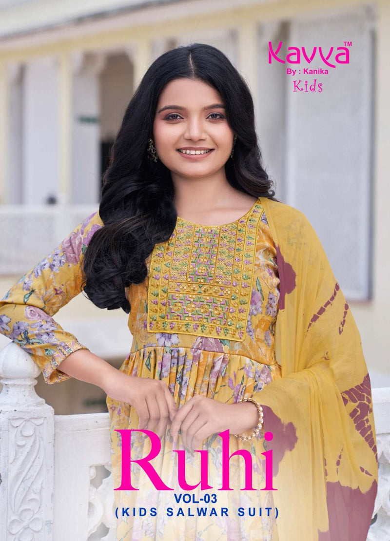 Kavya Ruhi Vol 3 Capsule Foil Print Umbrella Cut Kurti Bottom Nazleen Chiffon Dupatta Set