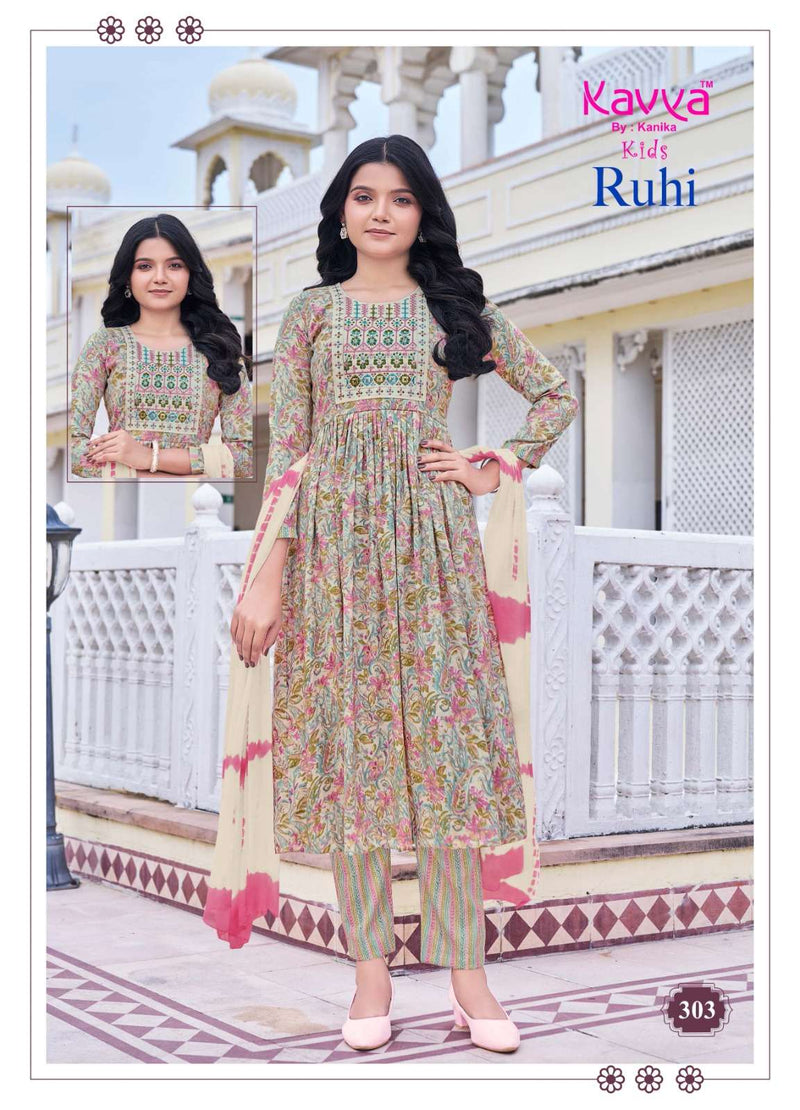 Kavya Ruhi Vol 3 Capsule Foil Print Umbrella Cut Kurti Bottom Nazleen Chiffon Dupatta Set