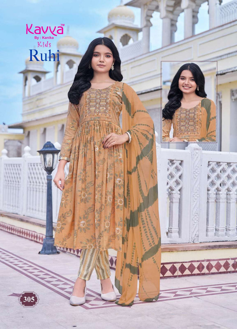 Kavya Ruhi Vol 3 Capsule Foil Print Umbrella Cut Kurti Bottom Nazleen Chiffon Dupatta Set
