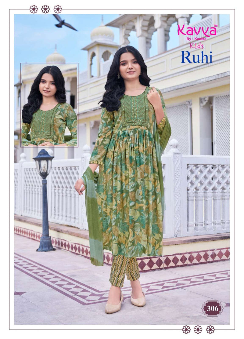 Kavya Ruhi Vol 3 Capsule Foil Print Umbrella Cut Kurti Bottom Nazleen Chiffon Dupatta Set