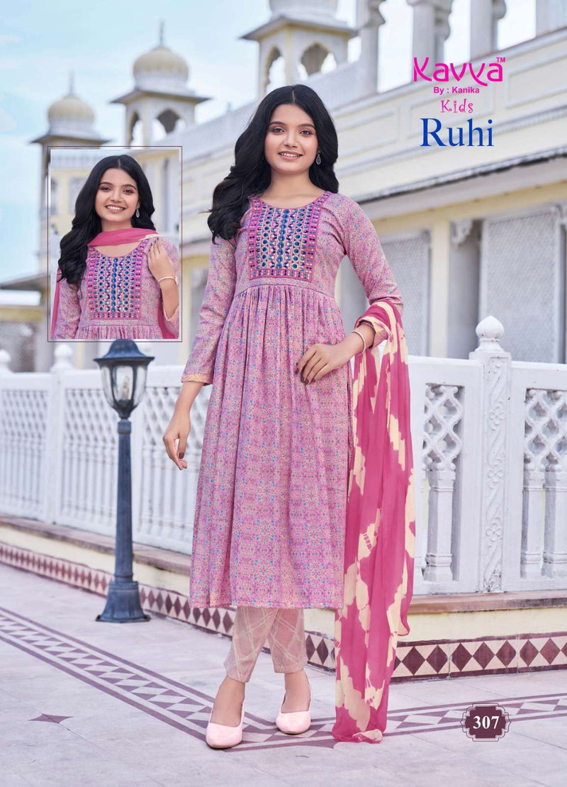 Kavya Ruhi Vol 3 Capsule Foil Print Umbrella Cut Kurti Bottom Nazleen Chiffon Dupatta Set