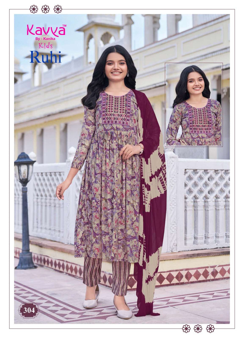 Kavya Ruhi Vol 3 Capsule Foil Print Umbrella Cut Kurti Bottom Nazleen Chiffon Dupatta Set