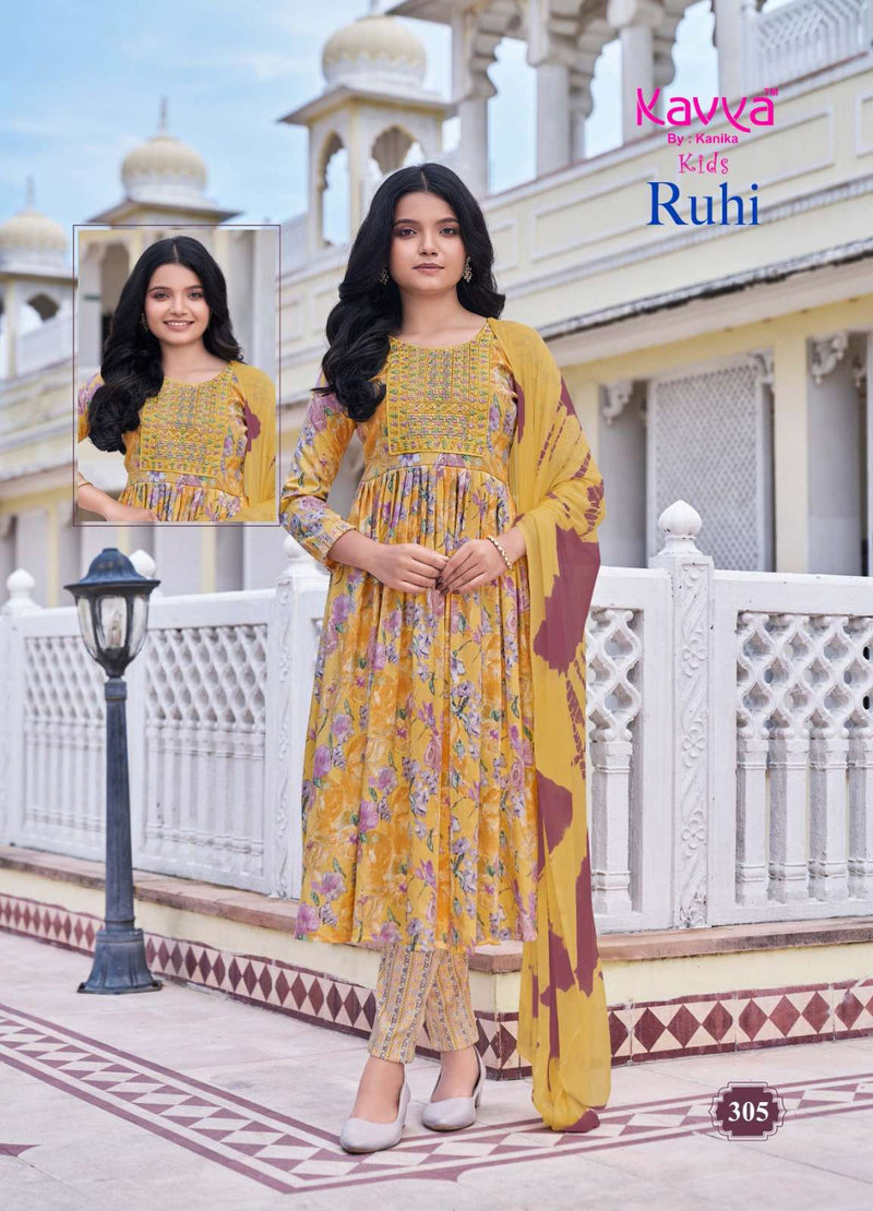 Kavya Ruhi Vol 3 Capsule Foil Print Umbrella Cut Kurti Bottom Nazleen Chiffon Dupatta Set