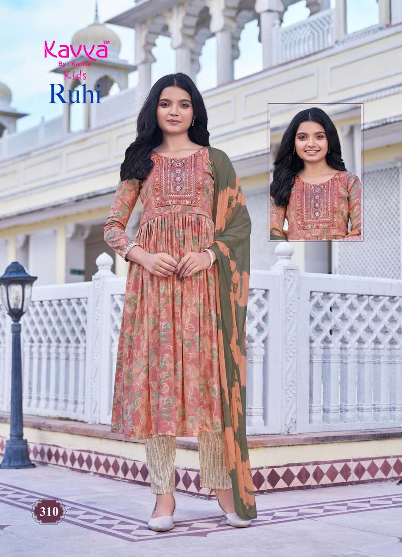 Kavya Ruhi Vol 3 Capsule Foil Print Umbrella Cut Kurti Bottom Nazleen Chiffon Dupatta Set