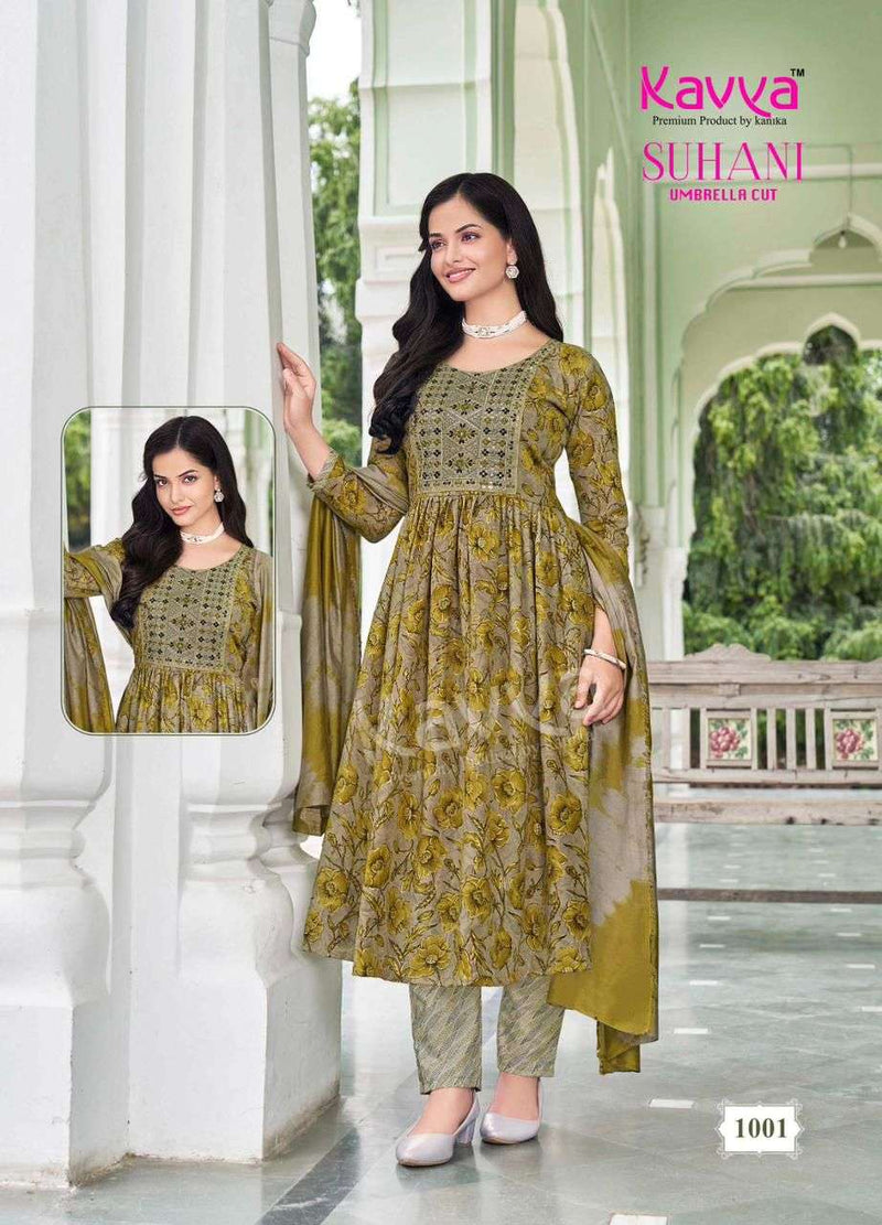 Kavya Suhani Vol 1 Viscose Foil Print Daily Wear Umbrella Cut Kurti Pant Dupatta Set