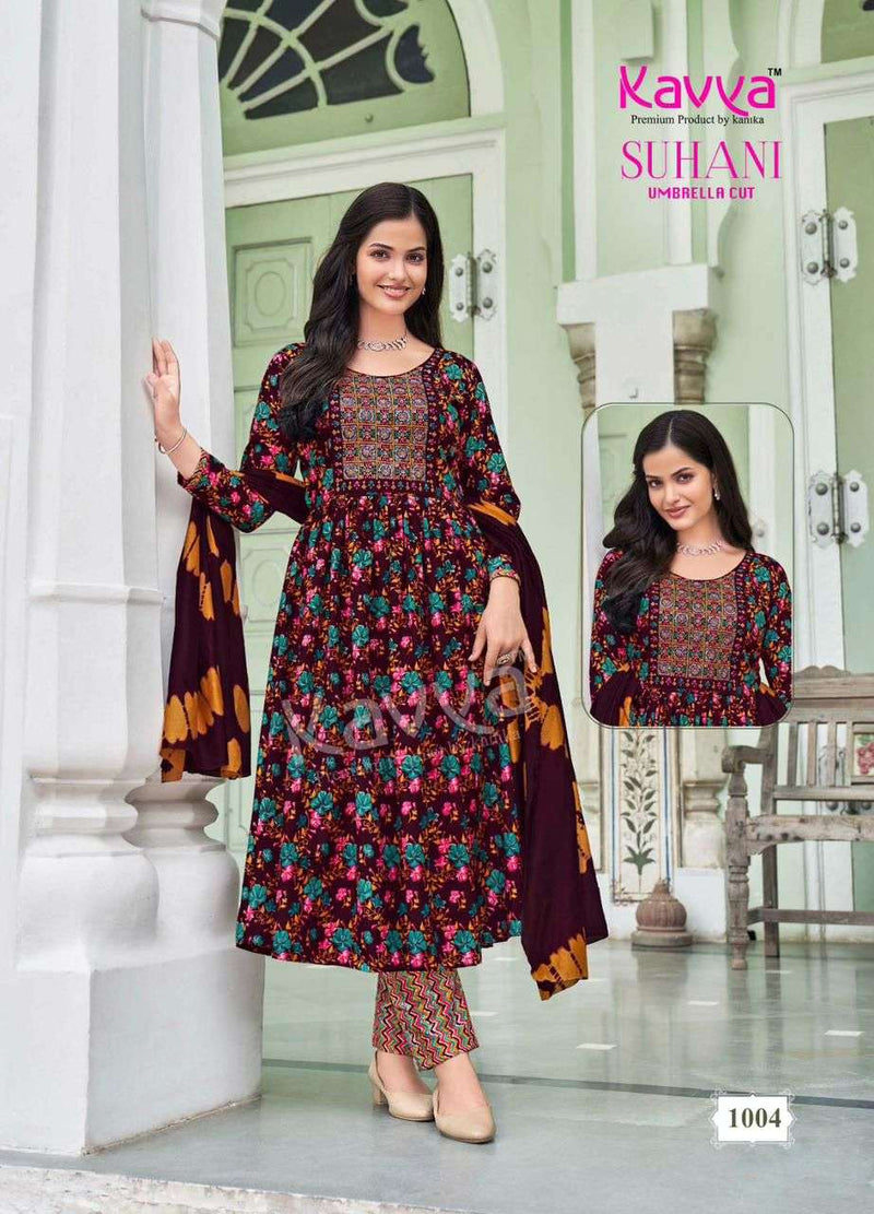 Kavya Suhani Vol 1 Viscose Foil Print Daily Wear Umbrella Cut Kurti Pant Dupatta Set
