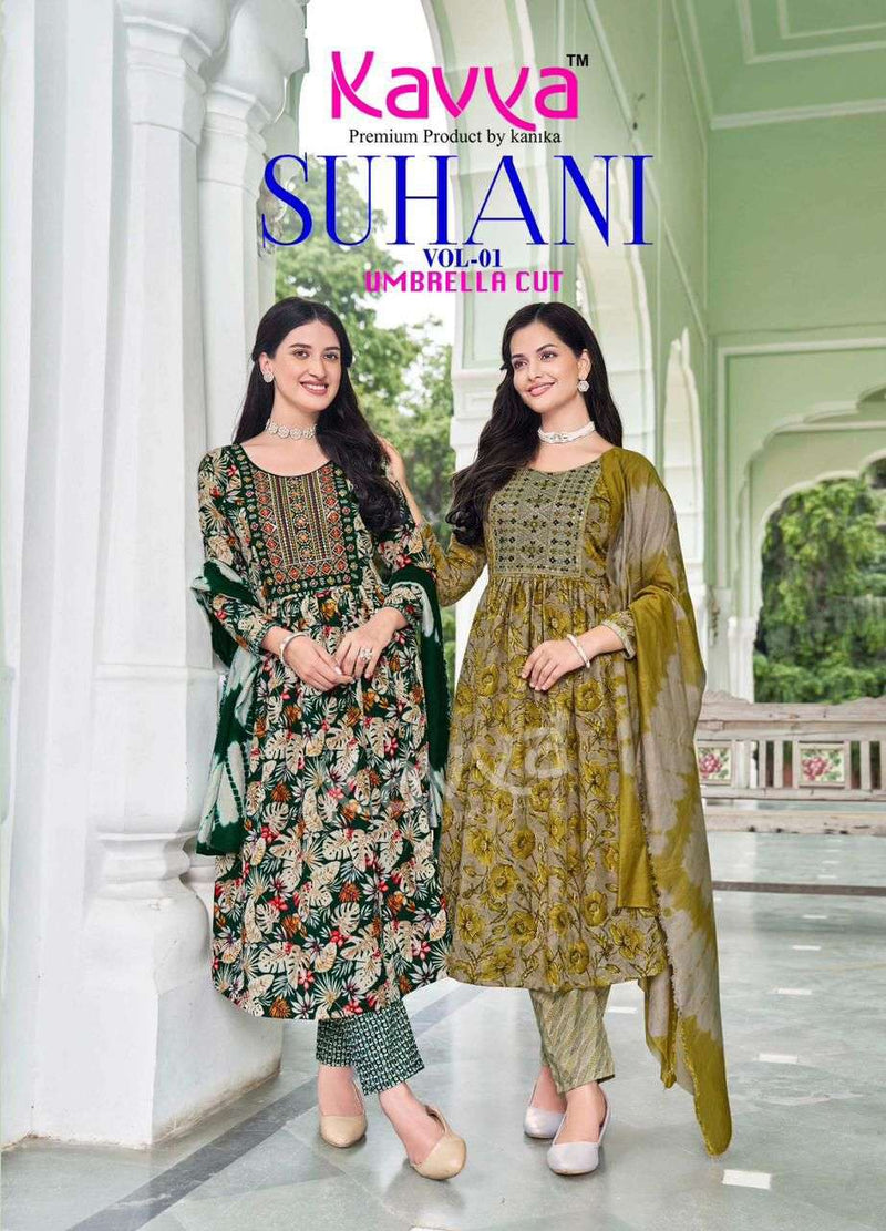 Kavya Suhani Vol 1 Viscose Foil Print Daily Wear Umbrella Cut Kurti Pant Dupatta Set