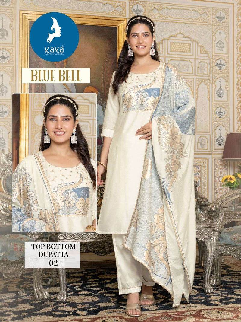 Kaya Blue Bell Jacquard Placement Festiv Wear Kurti Pant Dupatta Set