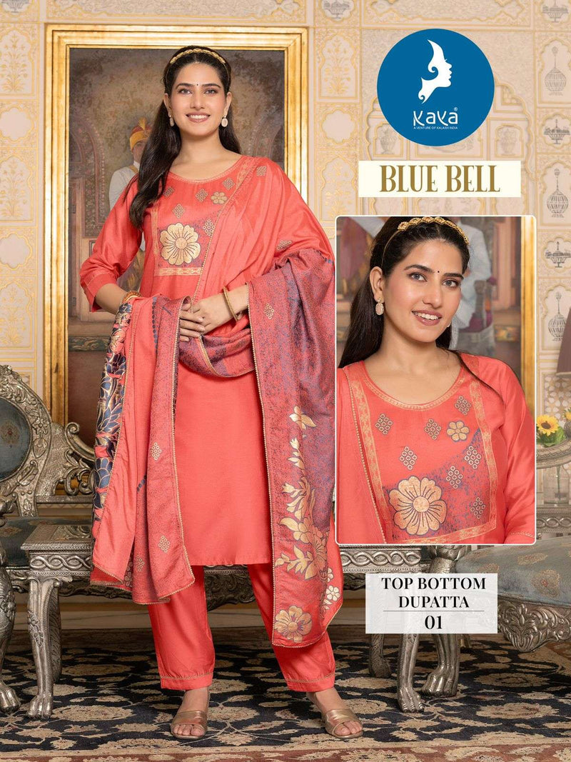 Kaya Blue Bell Jacquard Placement Festiv Wear Kurti Pant Dupatta Set