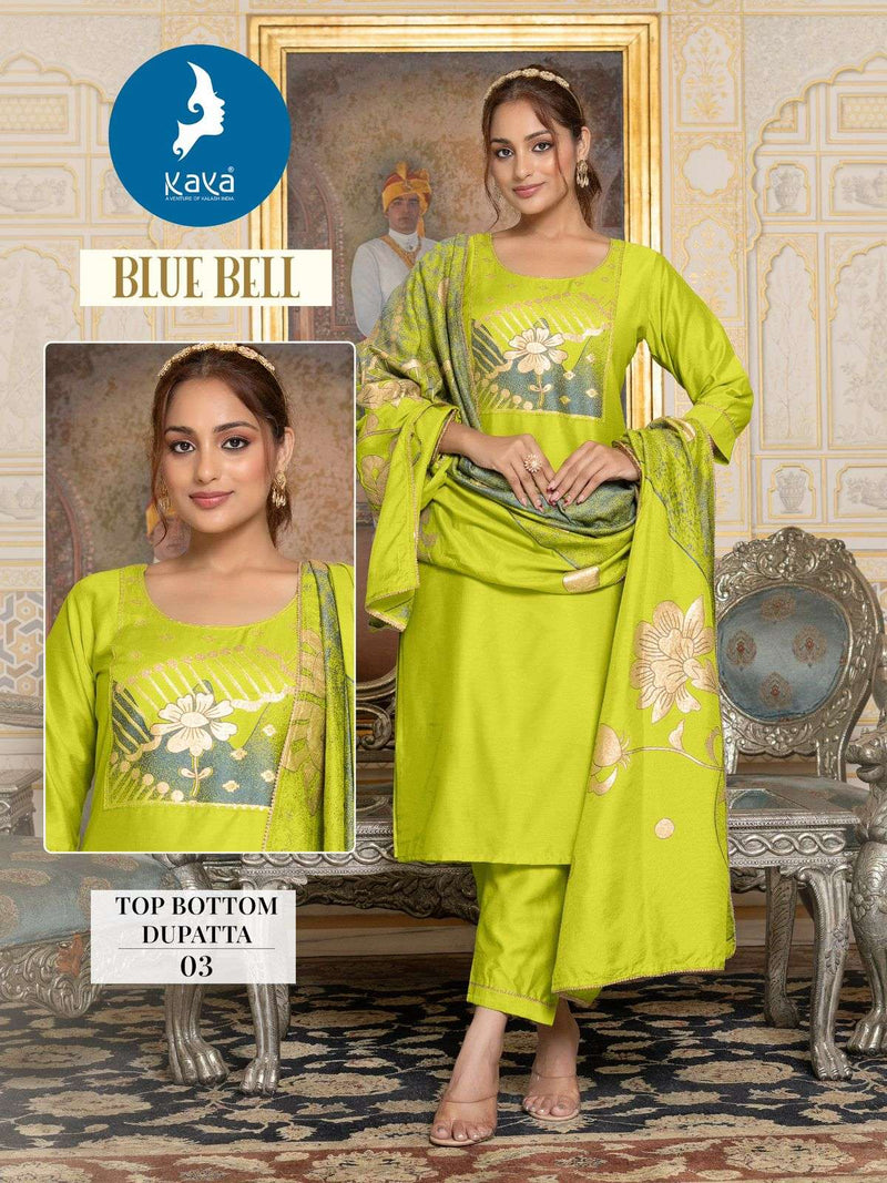 Kaya Blue Bell Jacquard Placement Festiv Wear Kurti Pant Dupatta Set