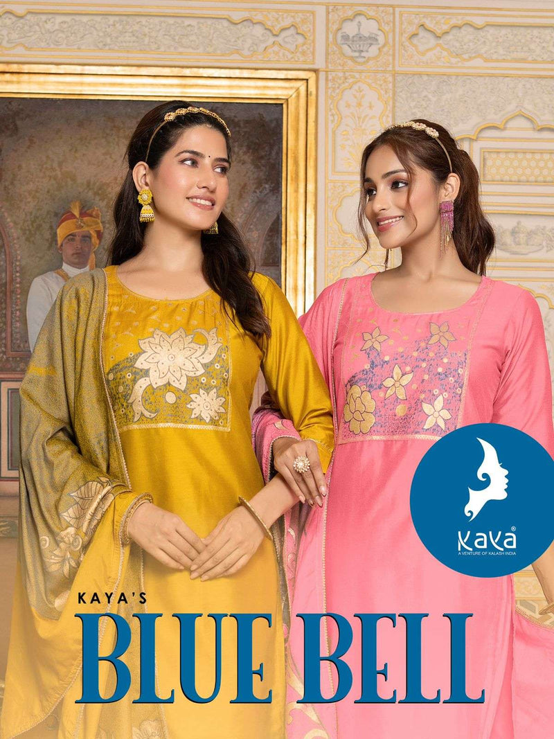 Kaya Blue Bell Jacquard Placement Festiv Wear Kurti Pant Dupatta Set