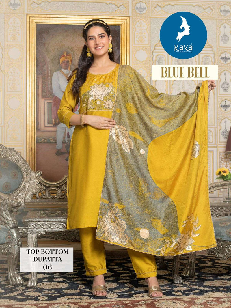 Kaya Blue Bell Jacquard Placement Festiv Wear Kurti Pant Dupatta Set