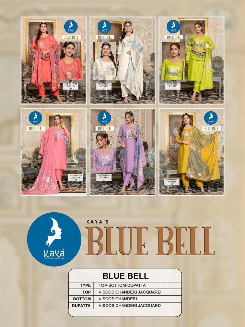 Kaya Blue Bell Jacquard Placement Festiv Wear Kurti Pant Dupatta Set