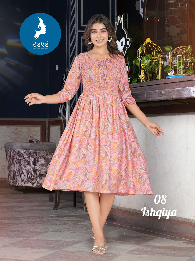 Kaya Ishqiya Chanderi With Foil Print Full Stiched  Fancy Midi Gown