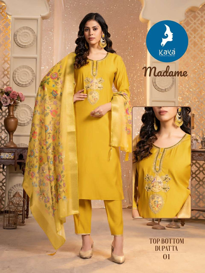Kaya Madame Silk Festiv Wear Kurti Pant Chanderi Print Dupatta Set