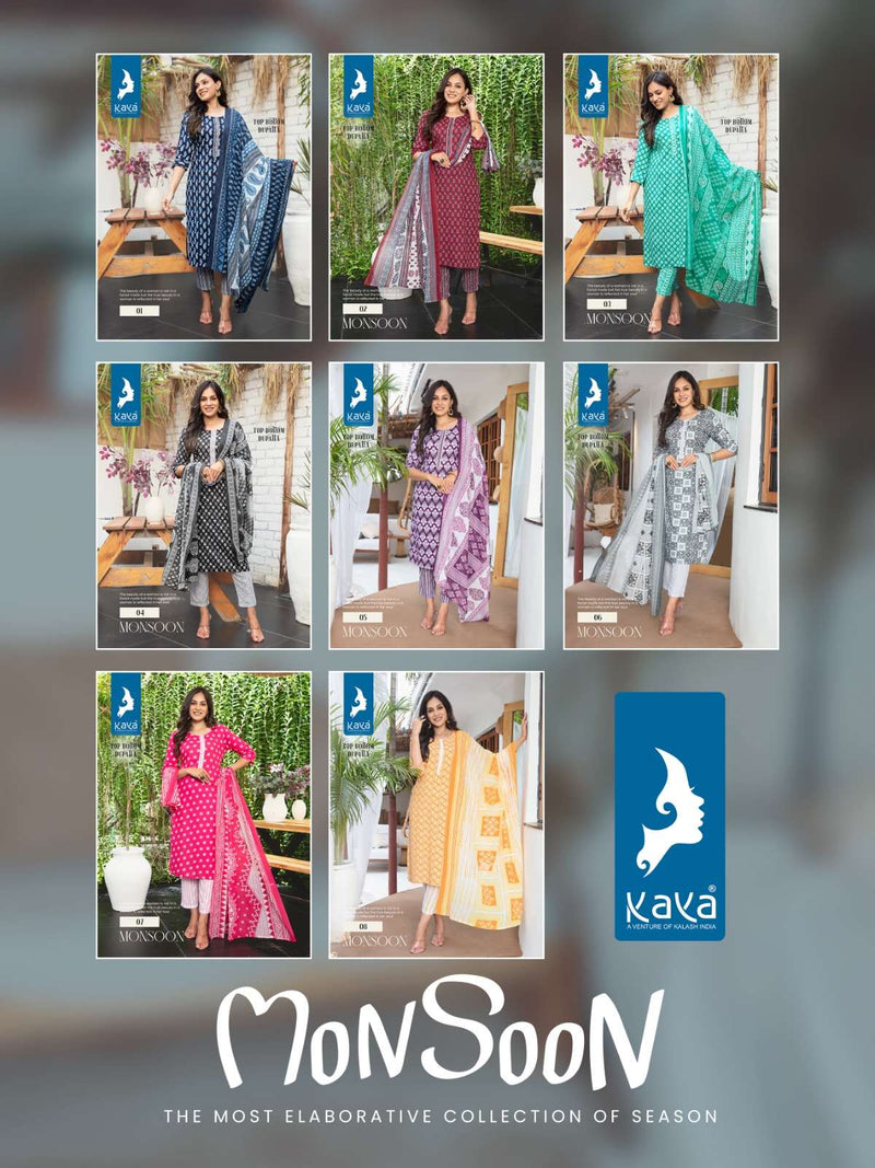 Kaya Present Monsoon Fancy 3pcs Set Rayon Print Kurti With Pant And Cotton Dupatta