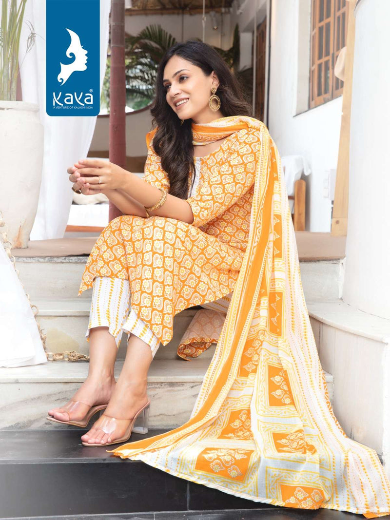 Kaya Present Monsoon Fancy 3pcs Set Rayon Print Kurti With Pant And Cotton Dupatta