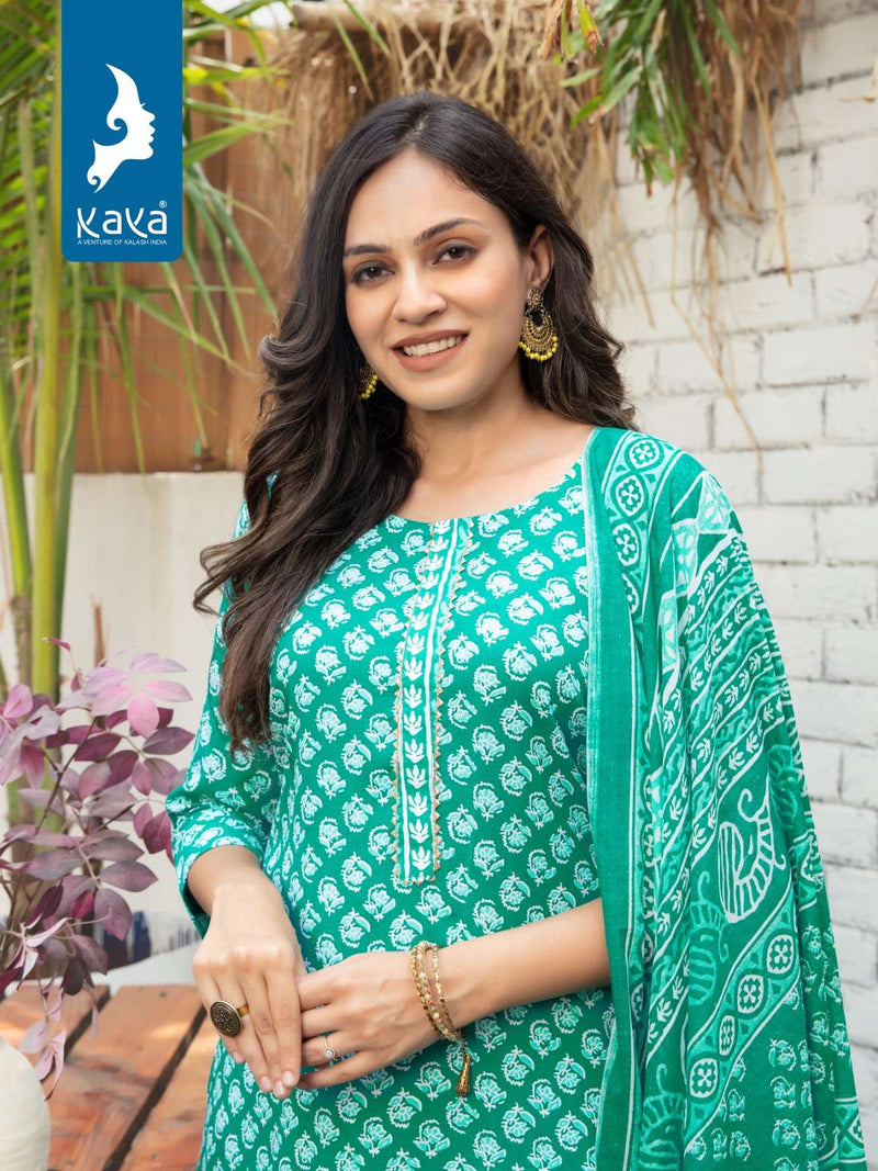 Kaya Present Monsoon Fancy 3pcs Set Rayon Print Kurti With Pant And Cotton Dupatta
