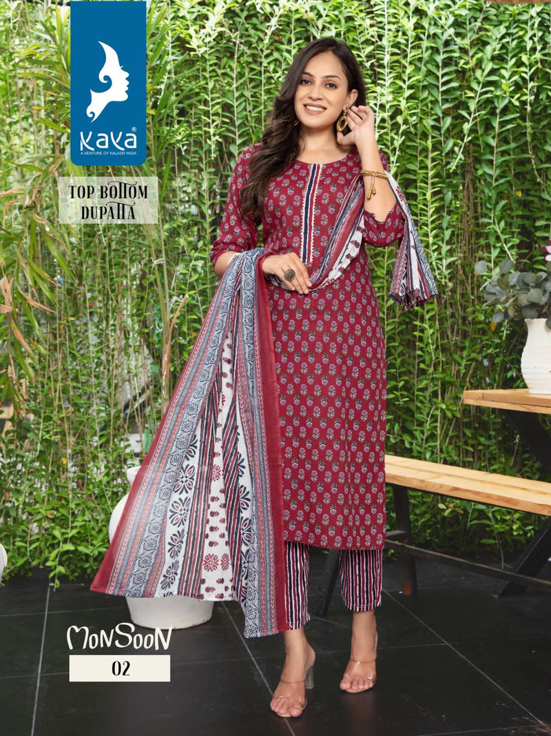 Kaya Present Monsoon Fancy 3pcs Set Rayon Print Kurti With Pant And Cotton Dupatta