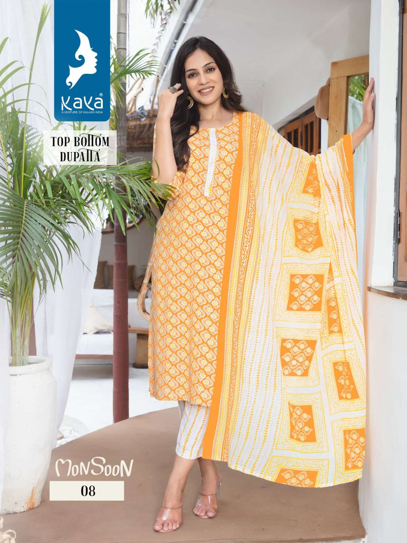 Kaya Present Monsoon Fancy 3pcs Set Rayon Print Kurti With Pant And Cotton Dupatta