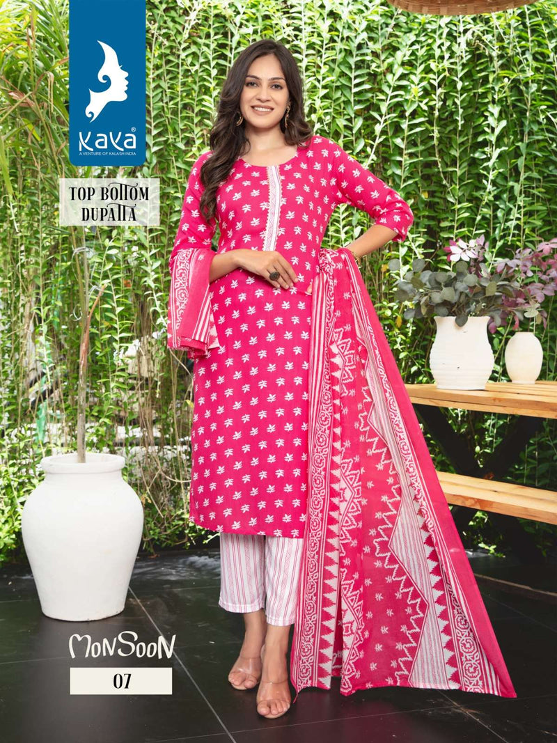 Kaya Present Monsoon Fancy 3pcs Set Rayon Print Kurti With Pant And Cotton Dupatta