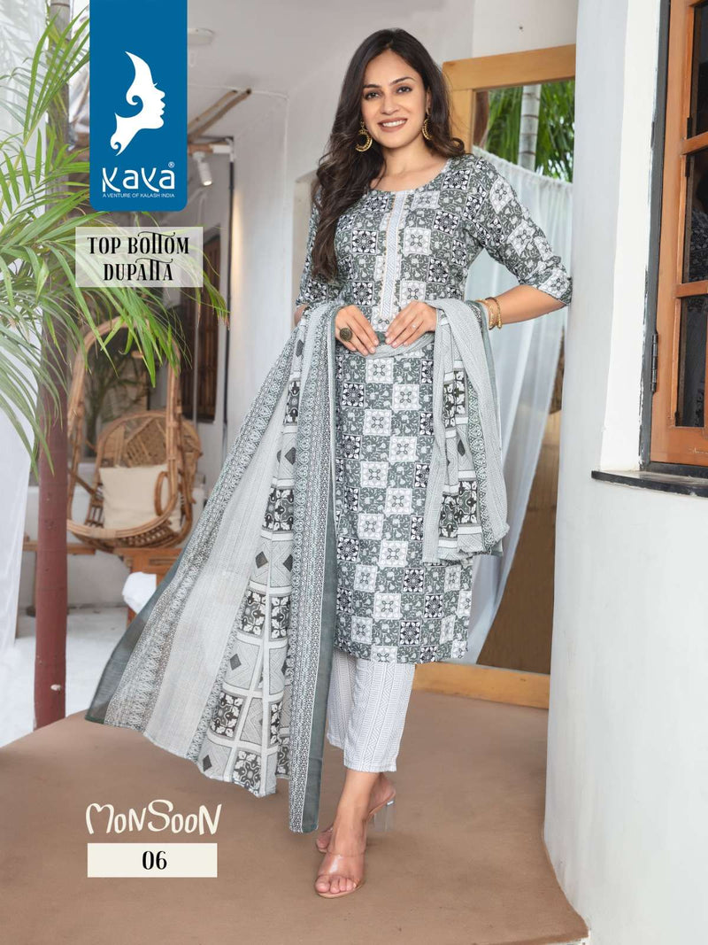 Kaya Present Monsoon Fancy 3pcs Set Rayon Print Kurti With Pant And Cotton Dupatta