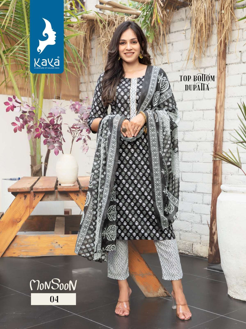 Kaya Present Monsoon Fancy 3pcs Set Rayon Print Kurti With Pant And Cotton Dupatta