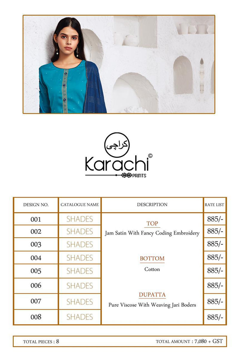 Kesar Karachi Prints Shades Jam Satin With Embroidery Work Fancy Salwar Suit Collection