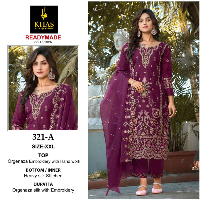 Khas Fashion D No 321  Organza Embroidery With Hand Work Heavy Designer Party Wear Suit