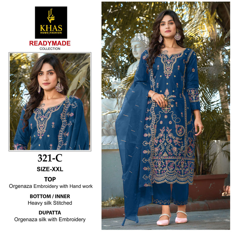 Khas Fashion D No 321  Organza Embroidery With Hand Work Heavy Designer Party Wear Suit