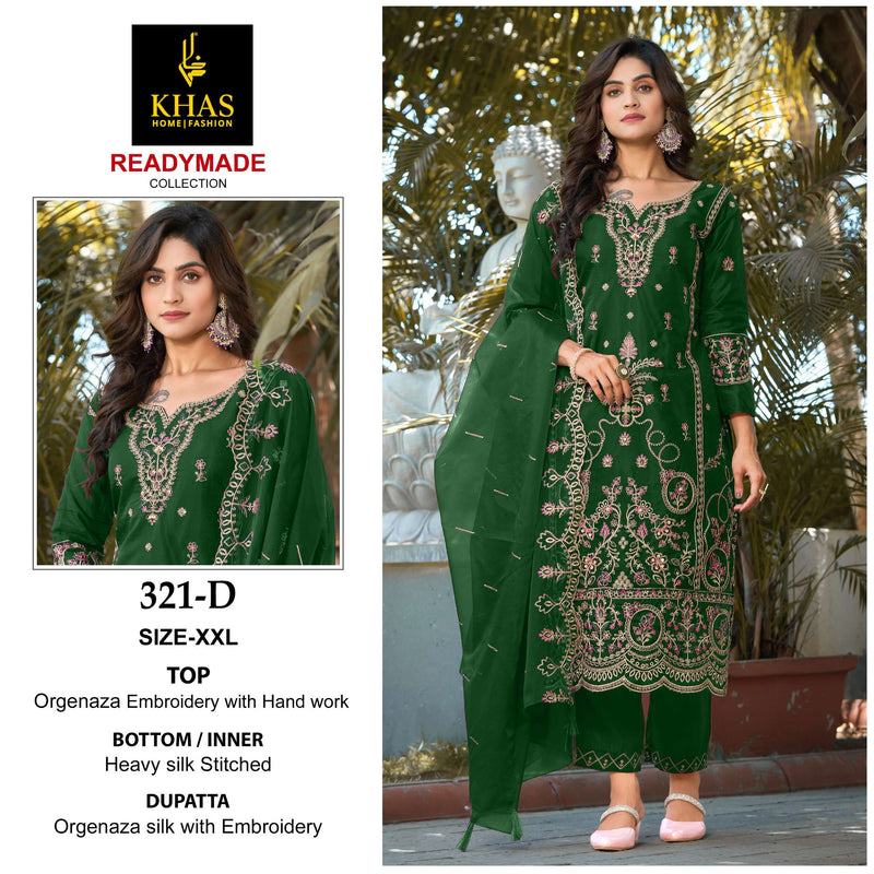 Khas Fashion D No 321  Organza Embroidery With Hand Work Heavy Designer Party Wear Suit