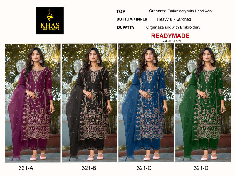Khas Fashion D No 321  Organza Embroidery With Hand Work Heavy Designer Party Wear Suit