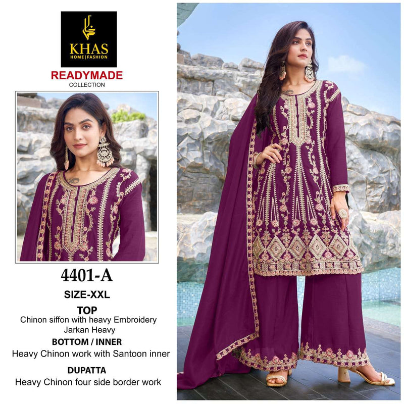 Khas Fashion D No 4401 Chinon Heavy Embroidery Party Wear Suit
