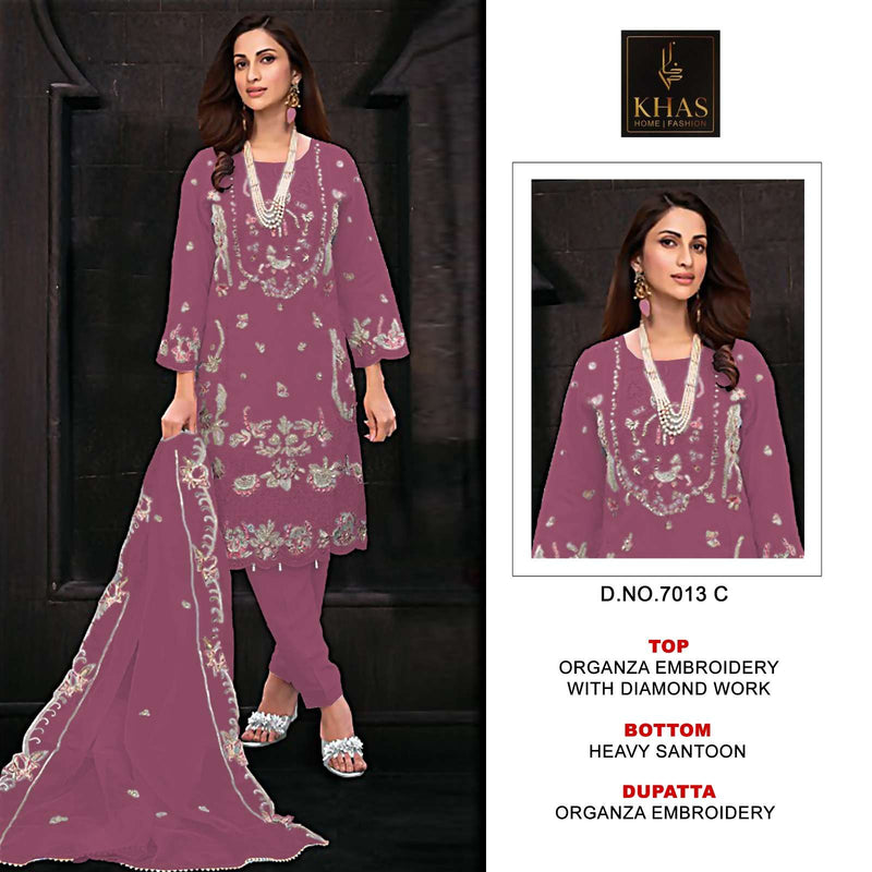 Khas Fashion D No 7013 Organza Embroidery Diamond Work Salwar Kameez