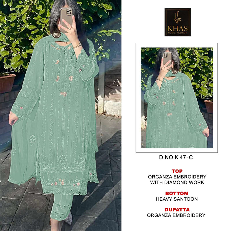 Khas Fashion D No K 47 Organza With Diamond Work Semi Stitched Salwar Suit