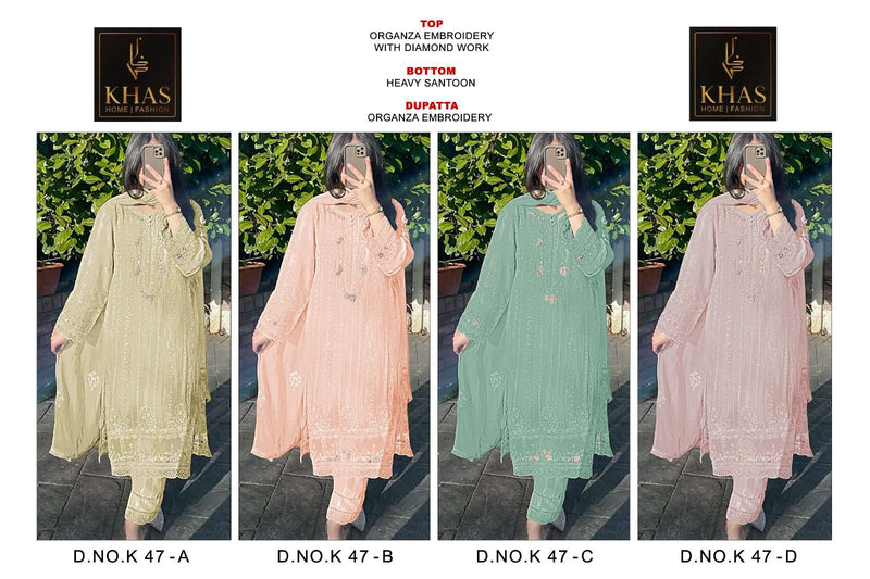 Khas Fashion D No K 47 Organza With Diamond Work Semi Stitched Salwar Suit