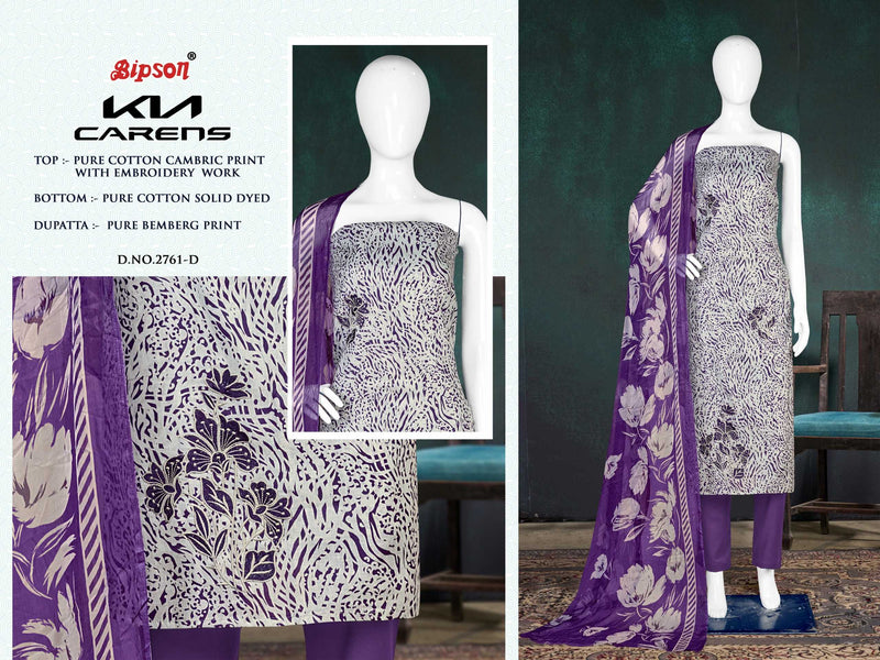 Bipson Fashion Kia Carens 2761 Cambric Cotton Print With Embroidery Work Unstitched Salwar Suit