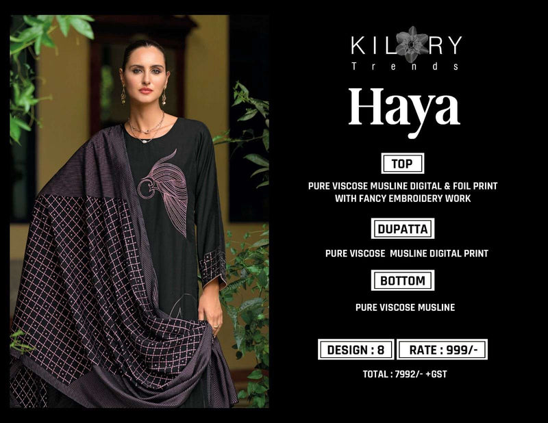 Kilory Trendz Haya Viscose Musline Digital Fancy Embroidery Work Salwar Suit